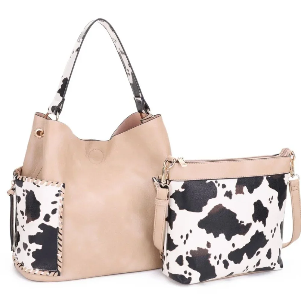 Cow Print Hobo & Crossbody Bag Set – 2pc Vegan Leather Shoulder Bag Purse Combo